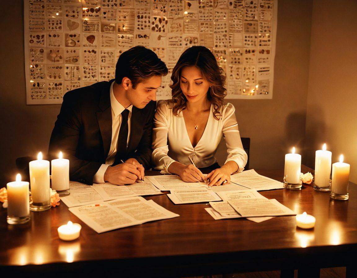 A romantic scene featuring a couple seated at a candlelit table, reviewing financial documents together, surrounded by symbols of love like hearts and dollar signs intertwining. A soft glow of candles illuminates their faces, showcasing a blend of affection and financial focus. The backdrop includes a wall adorned with framed pictures of their journey together, merging love and finance seamlessly. super-realistic. warm tones. soft lighting.