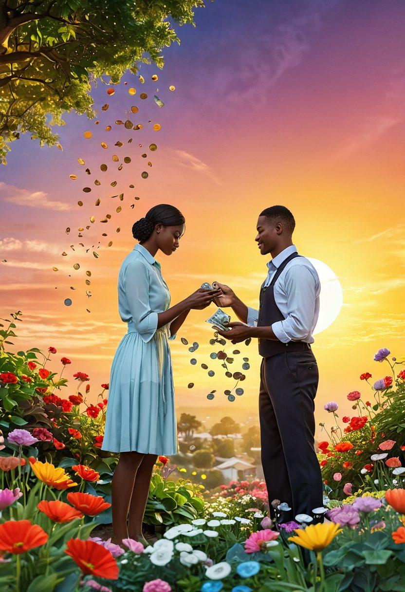 A serene scene depicting a couple tending to a flourishing garden, symbolizing love and growth, while coins and dollar bills gently rain from the sky, representing financial harmony. The background should feature a bright sunrise to signify new beginnings and vibrant flowers in full bloom. Include soft, warm colors to convey a sense of tranquility and partnership. super-realistic. vibrant colors. 3D.