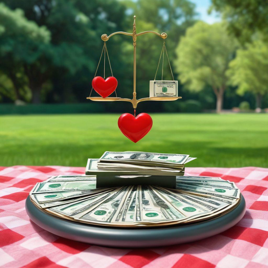 A visually striking balance scale, with a heart symbol on one side and a stack of dollar bills on the other, representing the delicate balance between love and financial stability. In the background, a serene couple is enjoying a picnic in a lush park, showcasing harmony and connection. The color palette should evoke feelings of warmth and positivity, with greens and soft pastels. super-realistic. vibrant colors. 3D.